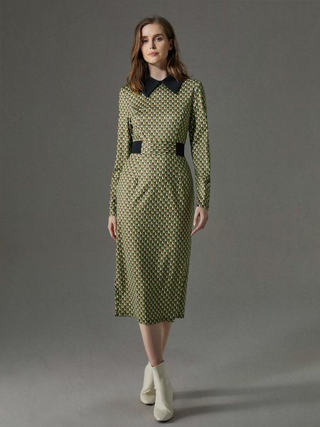 

Elegant Geometric Print Regular Fit Long Sleeve Dress, As picture, Midi Dresses