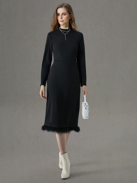 

Tight Crew Neck Elegant Plain Dress, Black, Midi Dresses