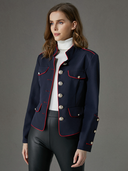 

Stand Collar Color Block Long Sleeve Regular Fit Elegant Jacket Brooch not included, Navyblue, Jackets