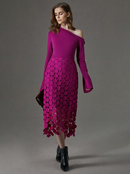 

Daily Long Sleeve Elegant Lace Plain Dress, Purple, Midi Dresses
