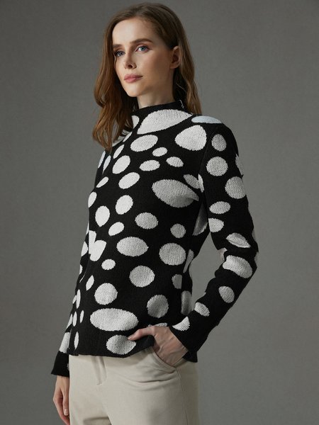 

High Elasticity Urban Turtleneck Long Sleeve Tight Polka Dots Sweater, Black, Pullovers