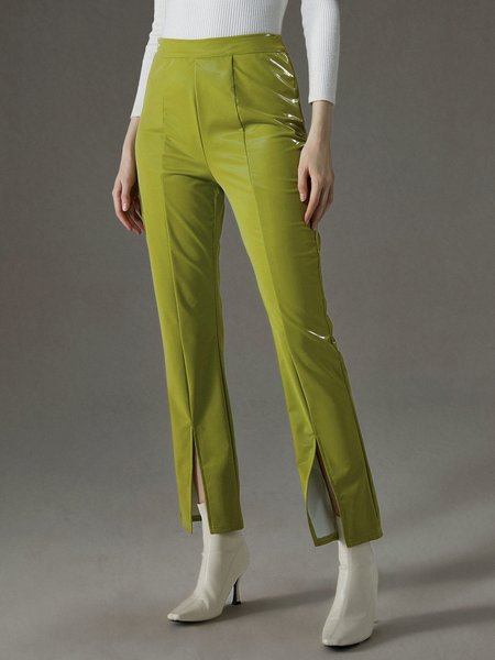 

Pu Urban Plain High Waist Regular Fit Pants, Green, Pants