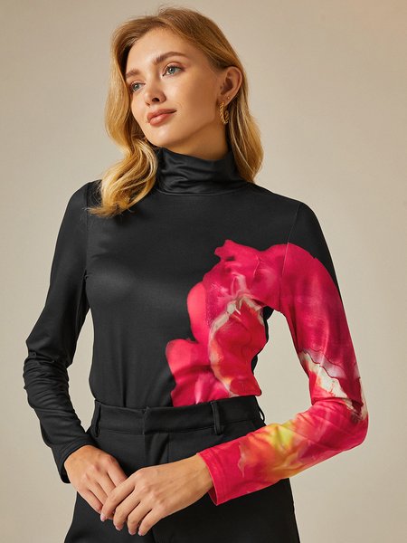 

Turtleneck Long Sleeve Urban Abstract Tight T-Shirt, As picture, Tees