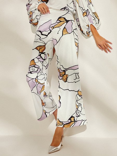 

Elegant Floral Loose Fashion Long Pants Straight pants, White, Pants