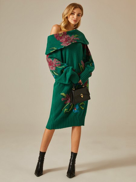 

Elegant Loose Floral Cold Shoulder Sweater Mini Dress With No Belt, Green, Mini Dresses