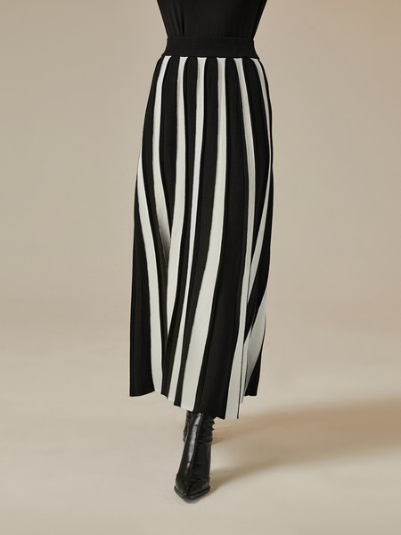 

Color Block Long Urban Loose Skirt, Black-white, Skirts