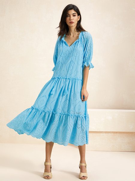 

Women Plain V Neck Half Sleeve Comfy Boho Lace Maxi Dress, Blue, Dresses