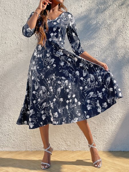 

Women Floral Pattern V Neck Three Quarter Sleeve Comfy Vacation Maxi Dress, Dark blue, Dresses