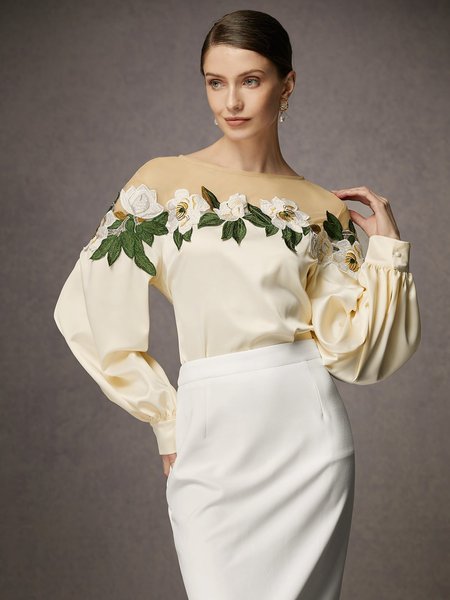 

Crew Neck Elegant Long Sleeve Floral Blouse, Off white, Blouses and Shirts