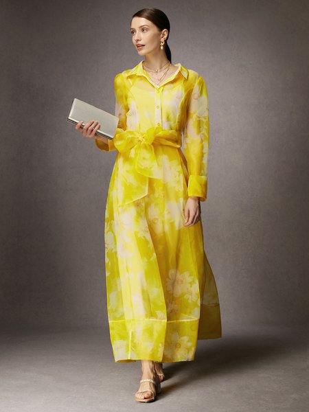 

Floral Vacation Regular Fit Shirt Dress With Belt, Yellow, Maxi Dresses