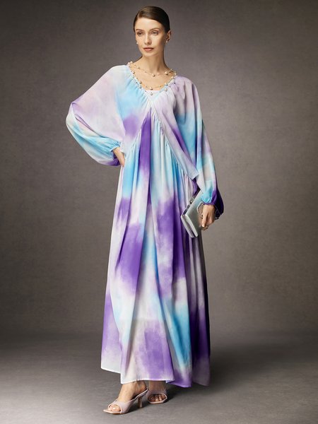 

Random Print V Neck Loose Vacation Dress, Light purple, Maxi Dresses