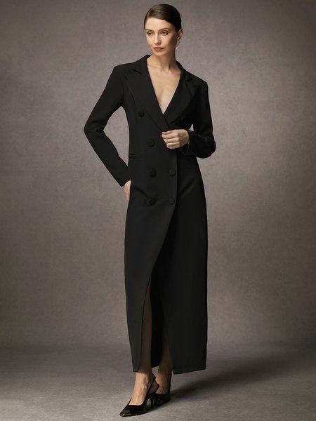 

Regular Fit Lapel Collar Urban Dress, Black, Maxi Dresses