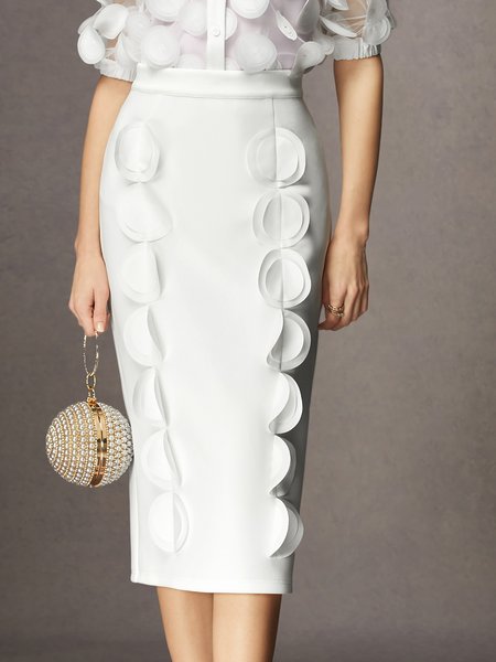 

Medium Elasticity Plain Tight Elegant Midi Skirt, White, Skirts