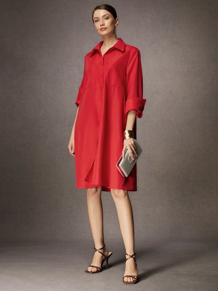 

Shirt Dress Long sleeve Plain Simple Dress, Red, Midi Dresses
