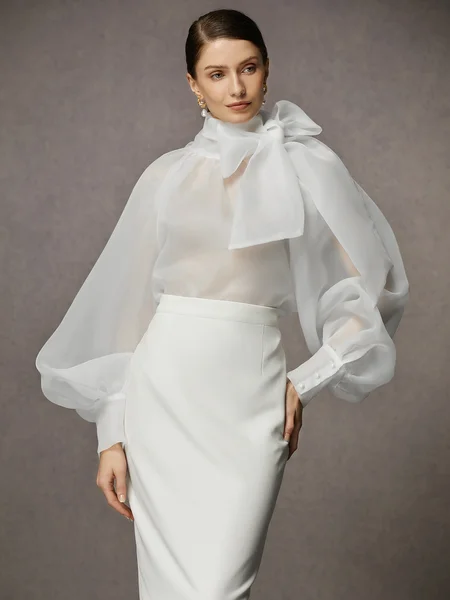 

Elegant Plain Bow Long Sleeve Blouse, White, Blouses and Shirts