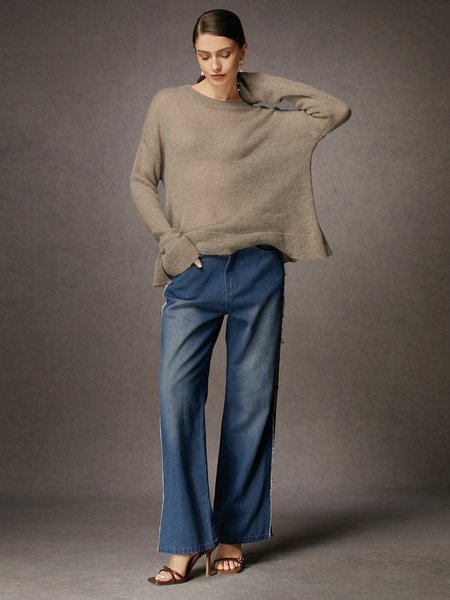

Daily Loose Crew Neck Plain Urban Long Sleeve Sweater, Light coffee, Pullovers