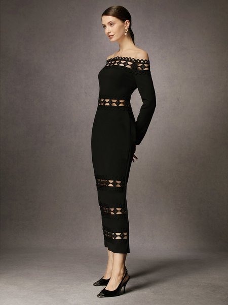 

Elegant Plain Regular Fit Long Sleeve Lace Edge Dress, Black, Maxi Dresses