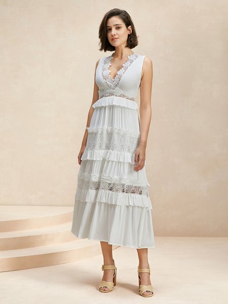 

Women Plain V Neck Sleeveless Comfy Casual Maxi Dress, White, Dresses