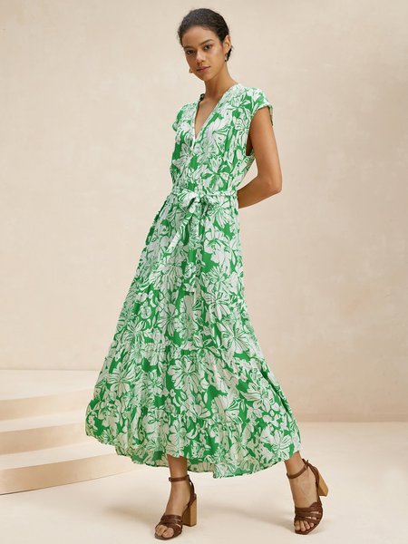 

Women Floral V Neck Sleeveless Comfy Casual Short Dress, Green, Dresses