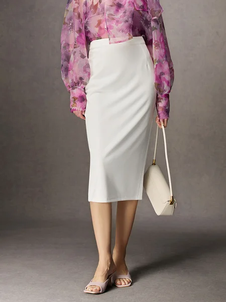 

Lightweight Micro-Elasticity Elegant Regular Fit Plain Midi Skirt, White, Skirts