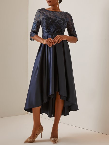 

Elegant Lace Plain Boat Neck Dress Wedding Dress, Dark blue, Dresses