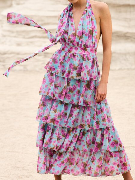 

Women Floral V Neck Sleeveless Comfy Casual Maxi Dress, Pink, Dresses