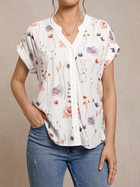 

Buttoned Floral Loose Casual Blouse, White, Shirts & Blouses