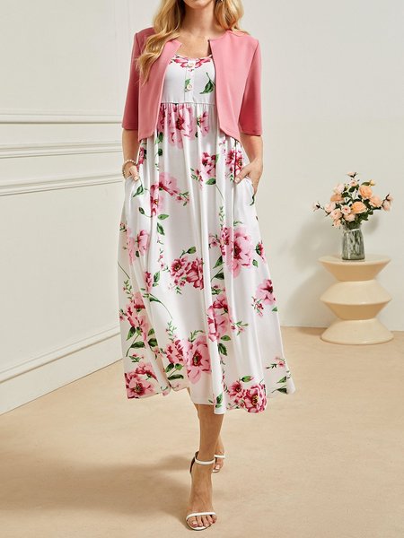 

Elegant Loose Cotton-Blend Crew Neck Two-Piece Set, Pink, Suit Set