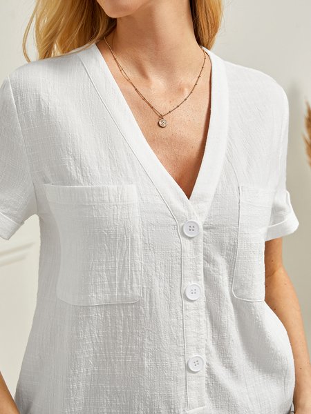 

Plain V Neck Casual Linen Blend Shirt, Off white, Shirts & Blouses