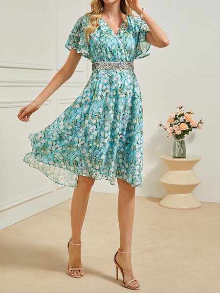 Ruffled Sleeves V Neck Elegant Floral Dress