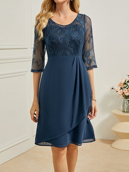 

Lace Loose Elegant Plain Dress, Blue, Dresses