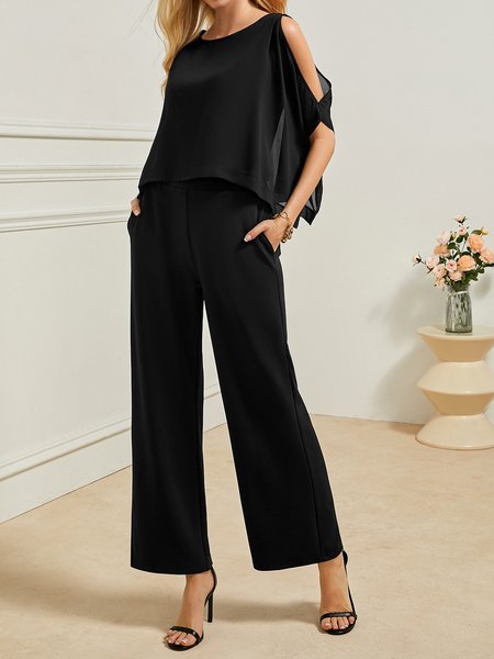 

Women's Plain Party Going Out Two Piece Set Half Sleeve Elegant Summer Top With Pants Matching Set, Black, Suit Set