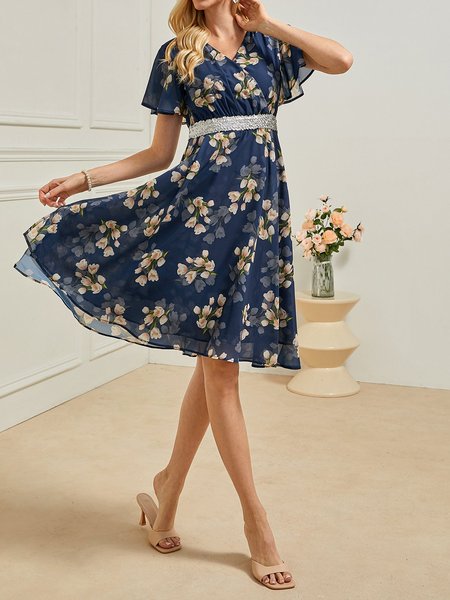 

Elegant Floral Ruffled Sleeves Glitter Dress, Blue, Dresses