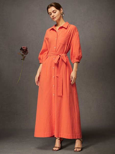 

Daily Linen Button-Front Belted Maxi Shirt Dress with Pocket, Orange, Maxi Dresses