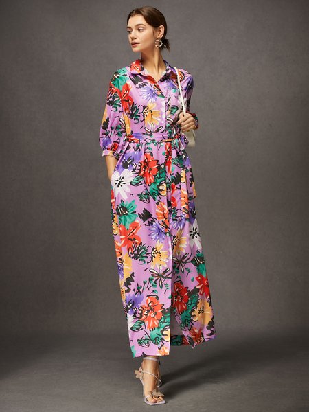 

Vacation Floral Button-Front Belted Shirt Dress with Pocket, As picture, Maxi Dresses