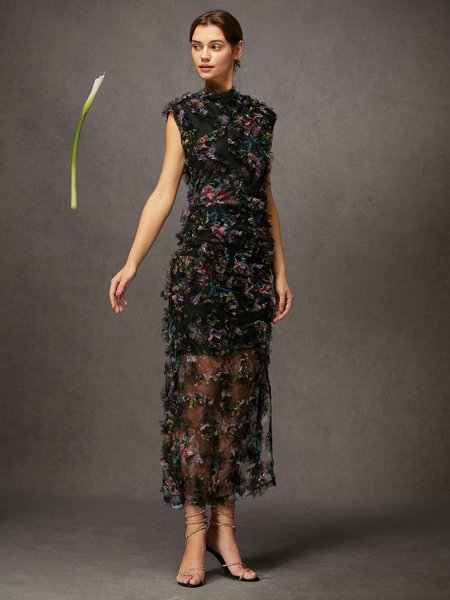 

Elegant Ruched Cowl Neck Floral Chiffon Textured Slit Midi Dress, Black, Maxi Dresses