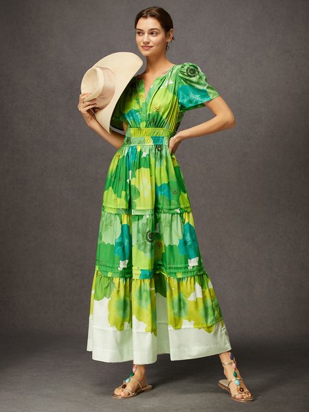 

Vacation V-neck Floral Print Smocked Waist Maxi Dress with Pocket, Green, Maxi Dresses