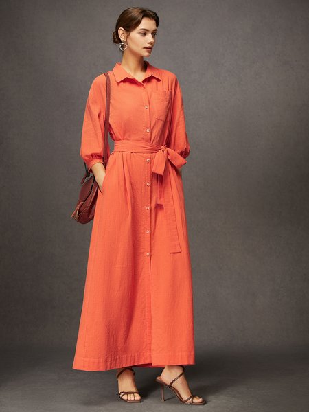 

Daily Linen Button-Front Belted Shirt Dress with Pocket, Orange, Maxi Dresses