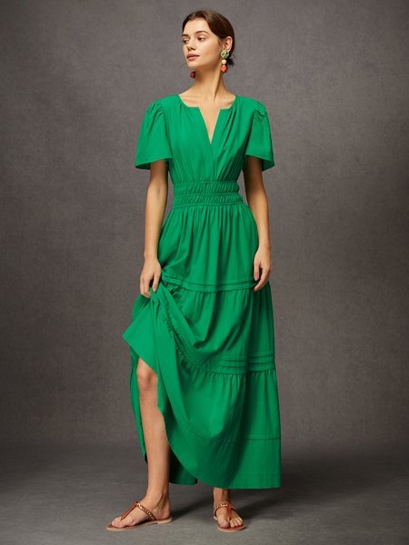 

Daily Linen V-neck Smocked Waist Maxi Dress with Pocket, Green, Maxi Dresses