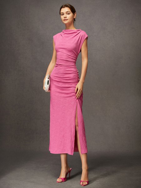 

Elegant Ruched Cowl Neck Slit Textured Floral Slim Midi Dress, Deep pink, Midi Dresses