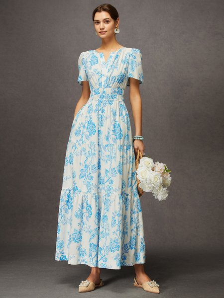 

Vacation V-neck Floral Print Smocked Waist Maxi Dress with Pocket, Blue, Maxi Dresses