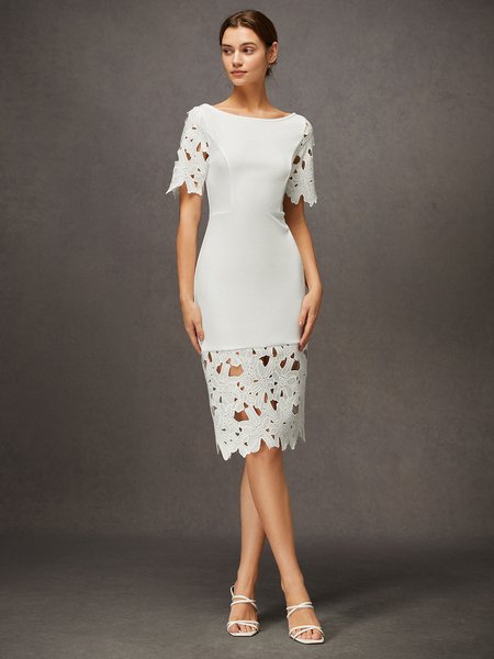 

Short Sleeve Boat Neck Lace Elegant Dress, White, Midi Dresses