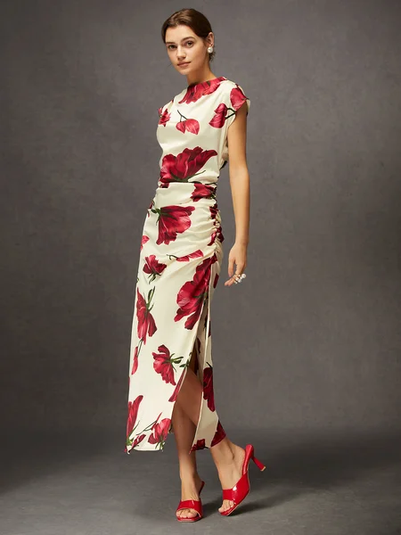 

Elegant Floral Slit Ruched Cowl Neck Slim Midi Dress, As picture, Maxi Dresses