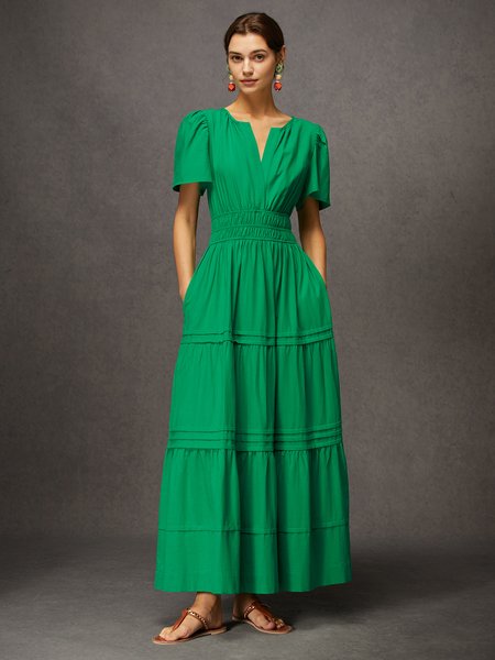 

Daily Linen V-neck Smocked Waist Maxi Dress with Pocket, Green, Maxi Dresses