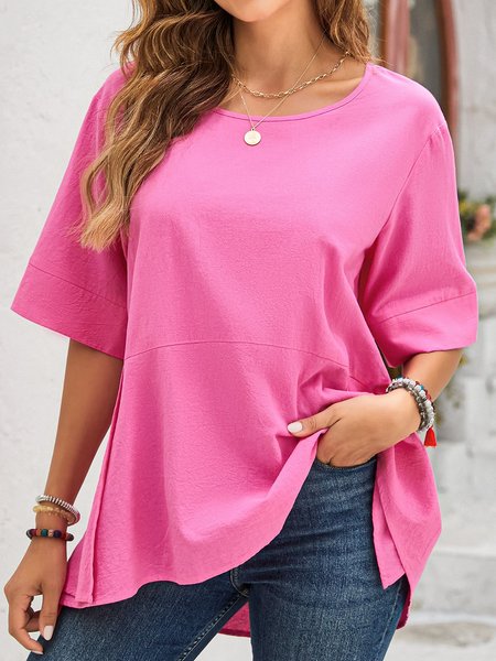 

Crew Neck Short Sleeve Plain Lightweight Loose Shirt For Women, Rose red, Blouses
