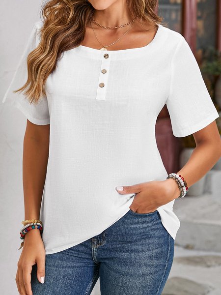 

Crew Neck Short Sleeve Solid Lightweight Loose Shirt For Women, White, Blouses