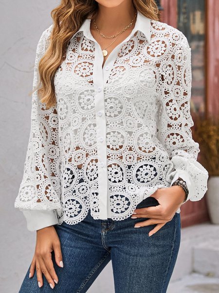 

Shirt Collar Long Sleeve Plain Regular Loose Blouse For Women, White, Shirts
