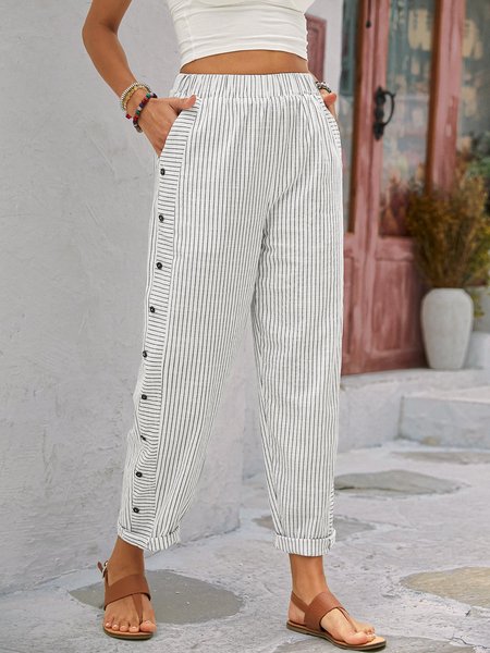 

Casual Striped Long Buttoned Pant, Green, Pants