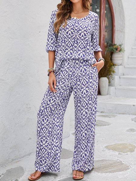 

Women Geometric Crew Neck Long Sleeve Comfy Casual Top With Pants Two-Piece Set, Blue, Sets