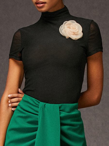 

High Elasticity Shirt With Removable Flower, Black, Blouses and Shirts